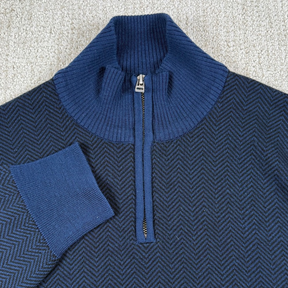 Bonobos Mens Large Blue Herringbone Extra Fine Merino Wool 1/4 Zip Sweater